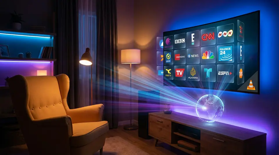 IPTV channel lineup preview on a TV (illustrative image)